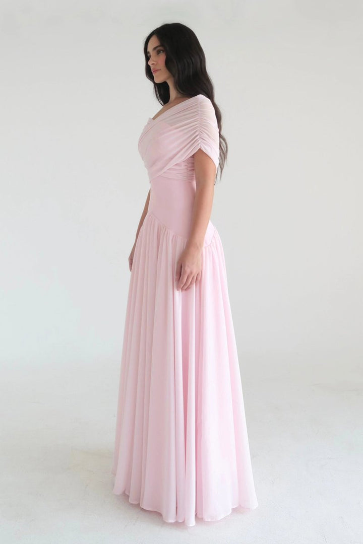 Women's Off-Shoulder Ruched Chiffon Fall Wedding Guest Dress