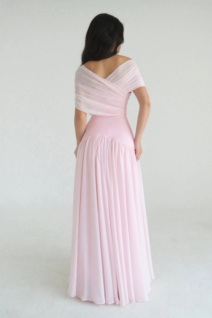 Women's Off-Shoulder Ruched Chiffon Fall Wedding Guest Dress