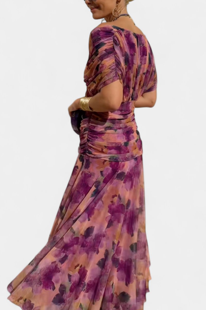 Women's Off-Shoulder Ruched Maxi Formal Dress Flowy Chiffon Gown