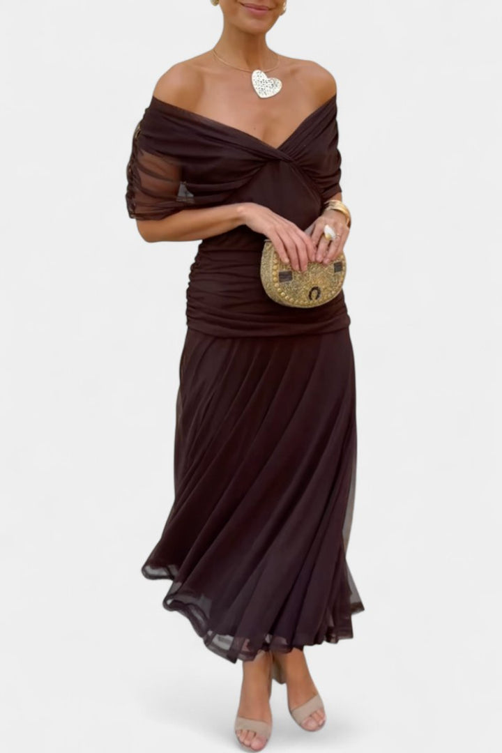 Women's Off-Shoulder Ruched Maxi Formal Dress Flowy Chiffon Gown