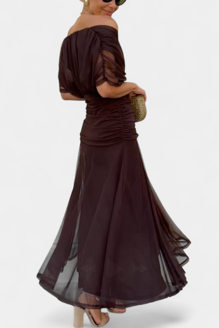 Women's Off-Shoulder Ruched Maxi Formal Dress Flowy Chiffon Gown