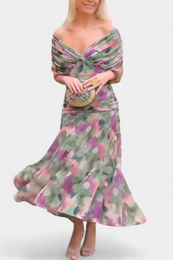 Women's Off-Shoulder Ruched Maxi Formal Dress Flowy Chiffon Gown