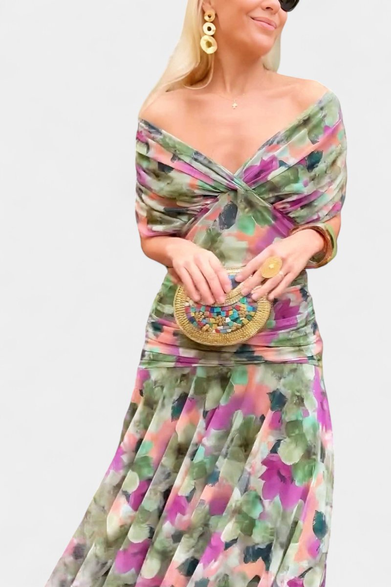 Women's Off-Shoulder Ruched Maxi Formal Dress Flowy Chiffon Gown