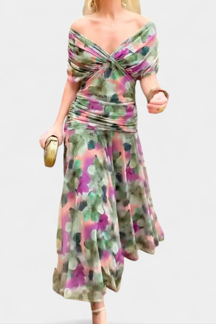 Women's Off-Shoulder Ruched Maxi Formal Dress Flowy Chiffon Gown