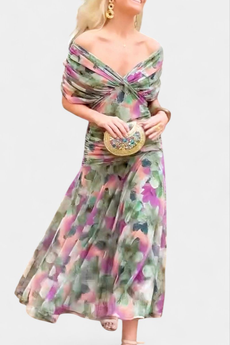 Women's Off-Shoulder Ruched Maxi Formal Dress Flowy Chiffon Gown