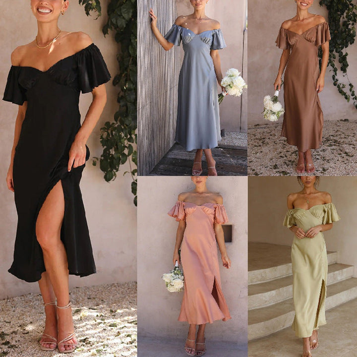 Women's Off-Shoulder Ruffle-Sleeve Slit Fall Midi Dress