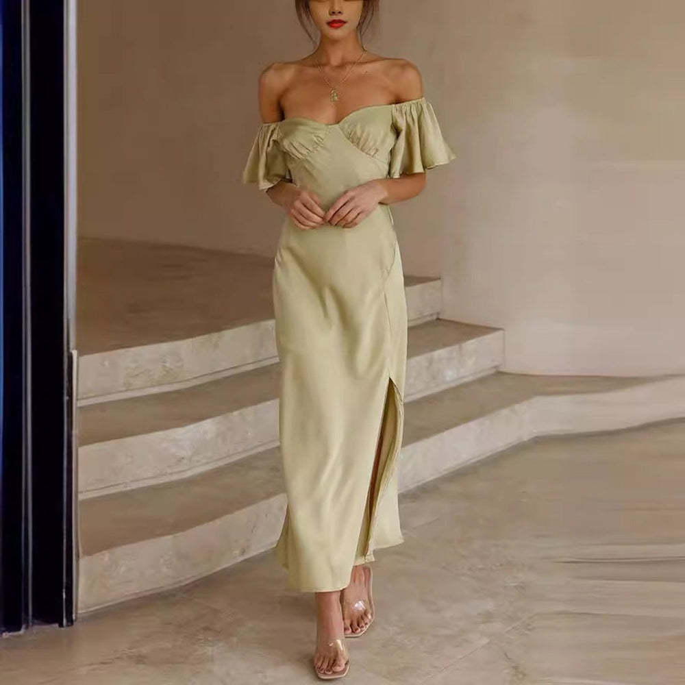 Women's Off-Shoulder Ruffle-Sleeve Slit Fall Midi Dress