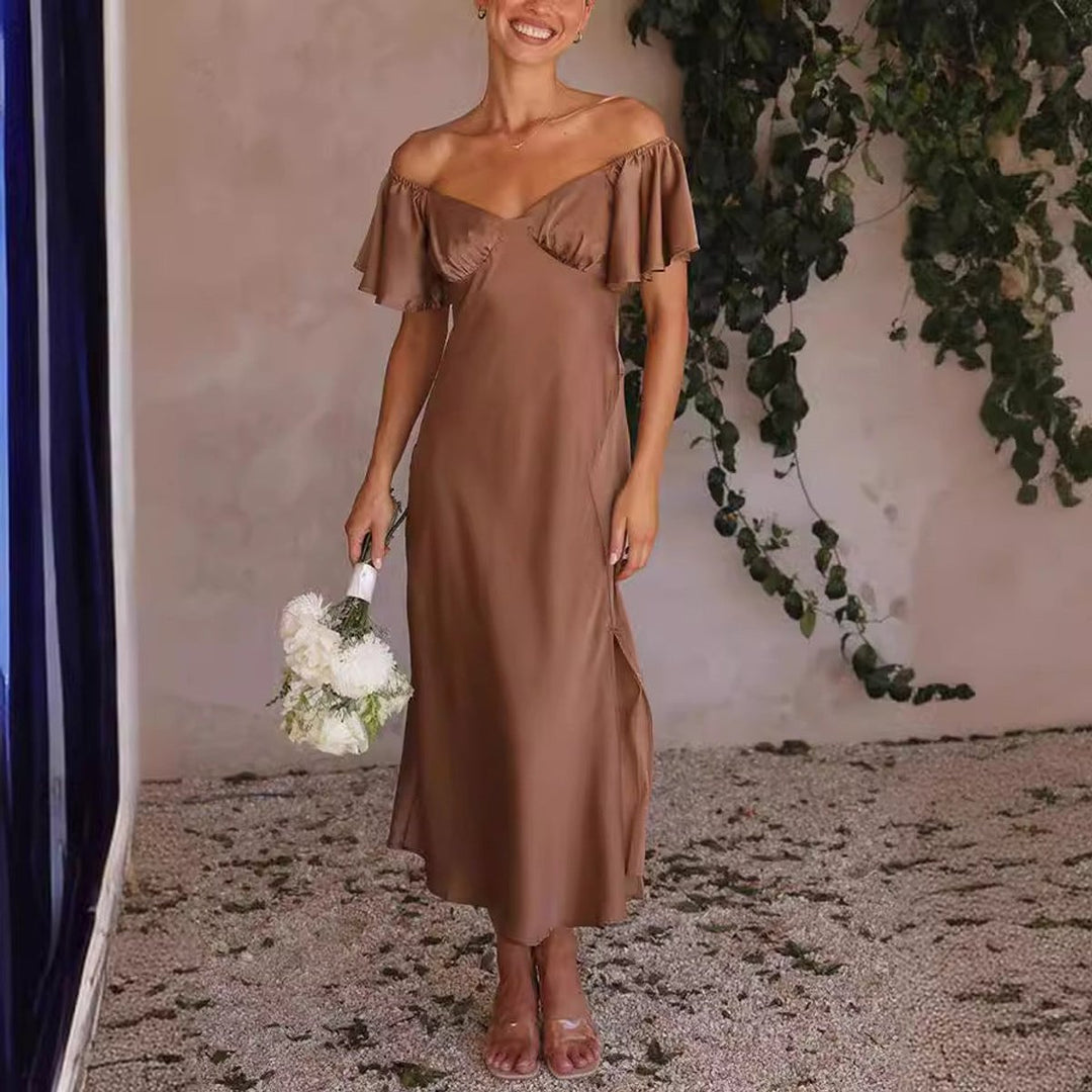 Women's Off-Shoulder Ruffle-Sleeve Slit Fall Midi Dress