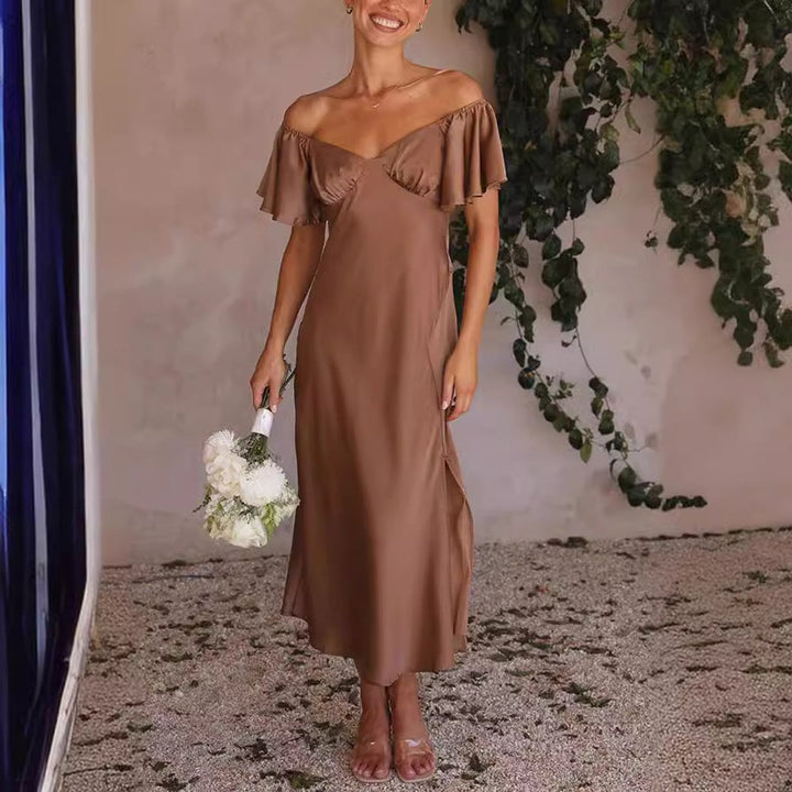 Women's Off-Shoulder Ruffle-Sleeve Slit Fall Midi Dress