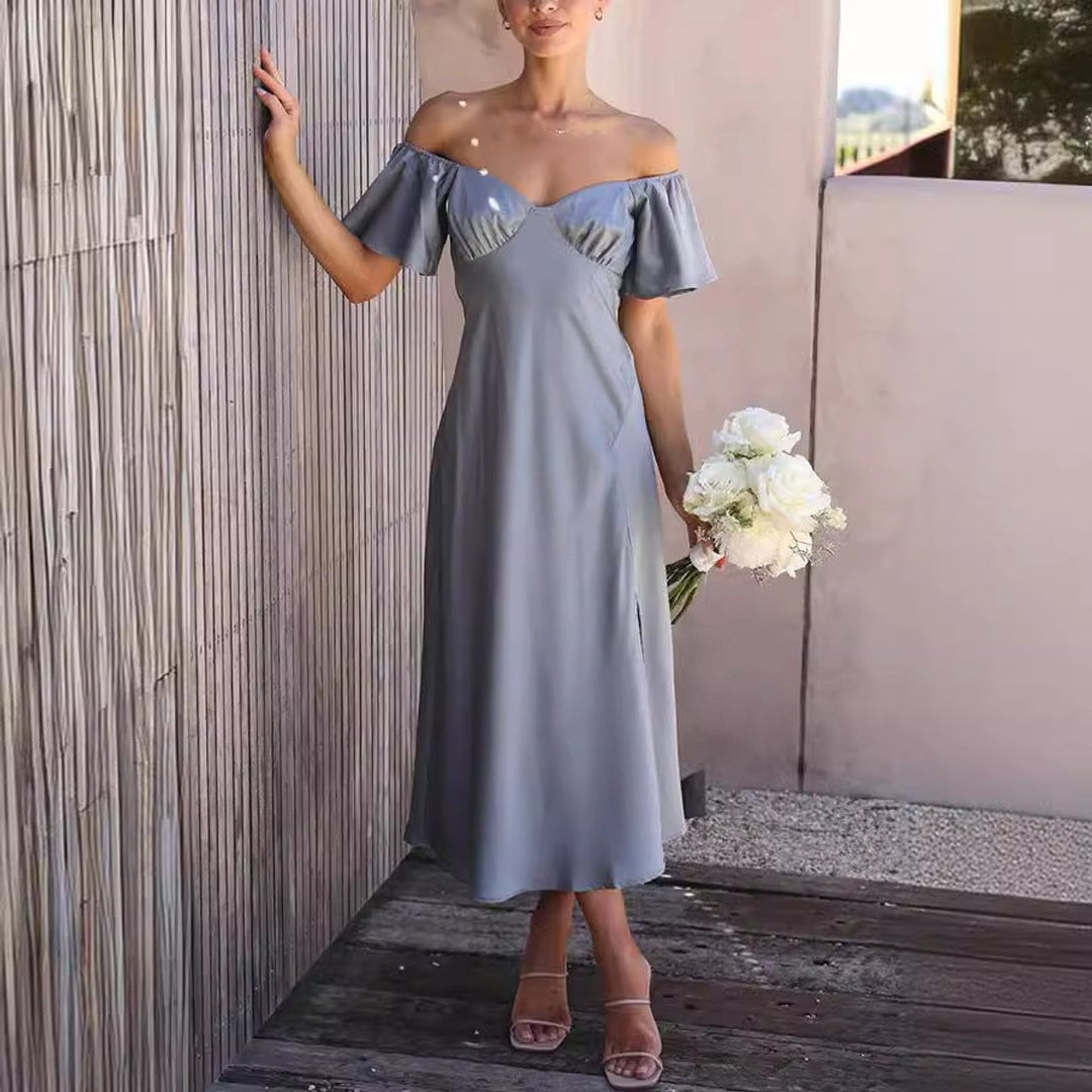 Women's Off-Shoulder Ruffle-Sleeve Slit Fall Midi Dress
