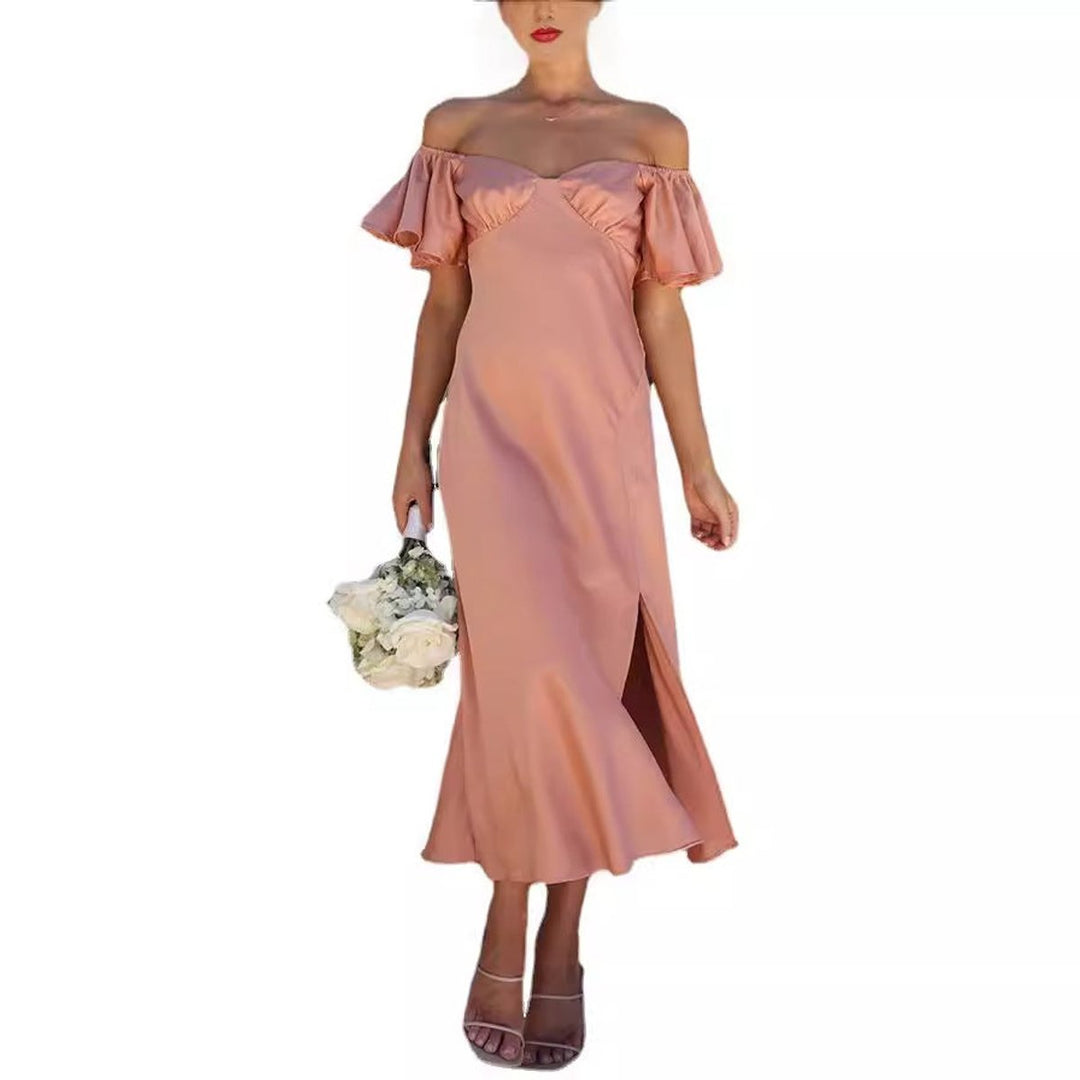 Women's Off-Shoulder Ruffle-Sleeve Slit Fall Midi Dress