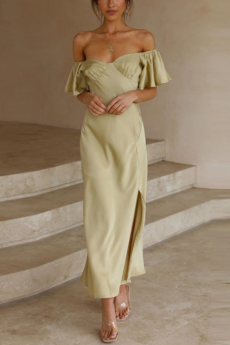 Women's Off-Shoulder Ruffle-Sleeve Slit Fall Midi Dress