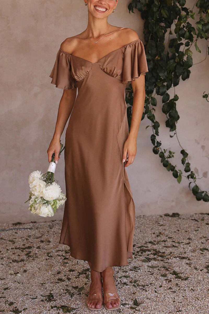 Women's Off-Shoulder Ruffle-Sleeve Slit Fall Midi Dress