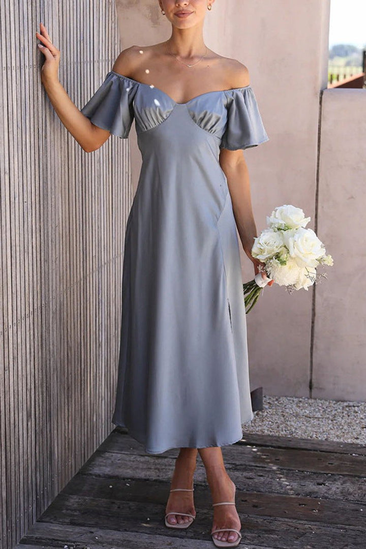 Women's Off-Shoulder Ruffle-Sleeve Slit Fall Midi Dress