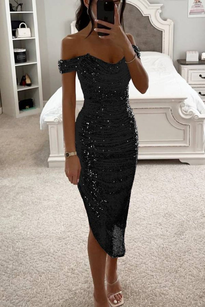 Women's Off-Shoulder Sequin Bodycon Fall Midi Dress