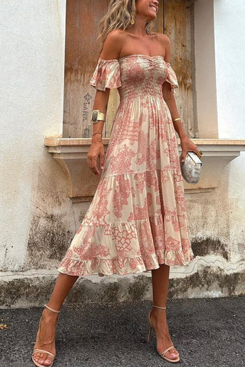 Women's Off-Shoulder Smocked Boho Fall Midi Dress