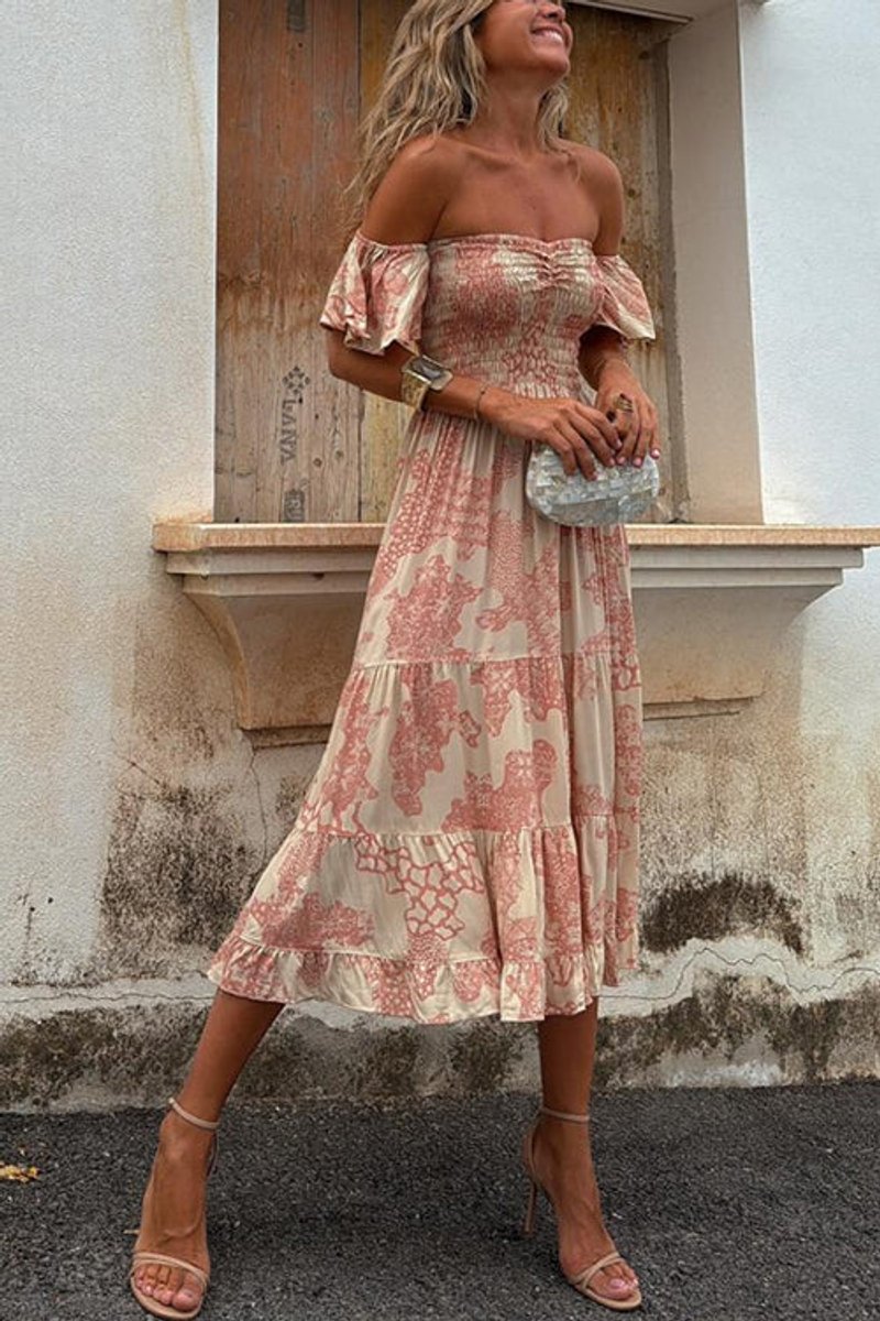 Women's Off-Shoulder Smocked Boho Fall Midi Dress