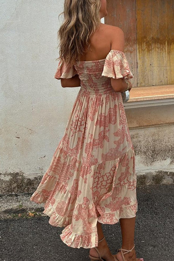 Women's Off-Shoulder Smocked Boho Fall Midi Dress