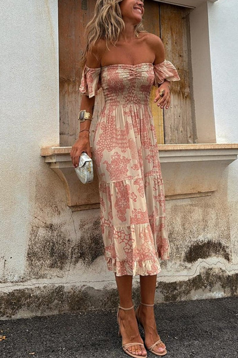 Women's Off-Shoulder Smocked Boho Fall Midi Dress