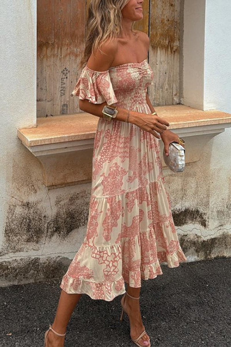 Women's Off-Shoulder Smocked Boho Fall Midi Dress