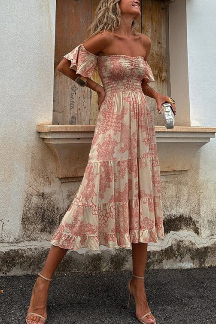 Women's Off-Shoulder Smocked Boho Fall Midi Dress