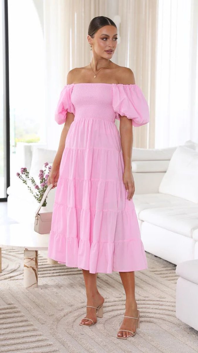 Women's Off-Shoulder Smocked Tiered Fall Midi Dress