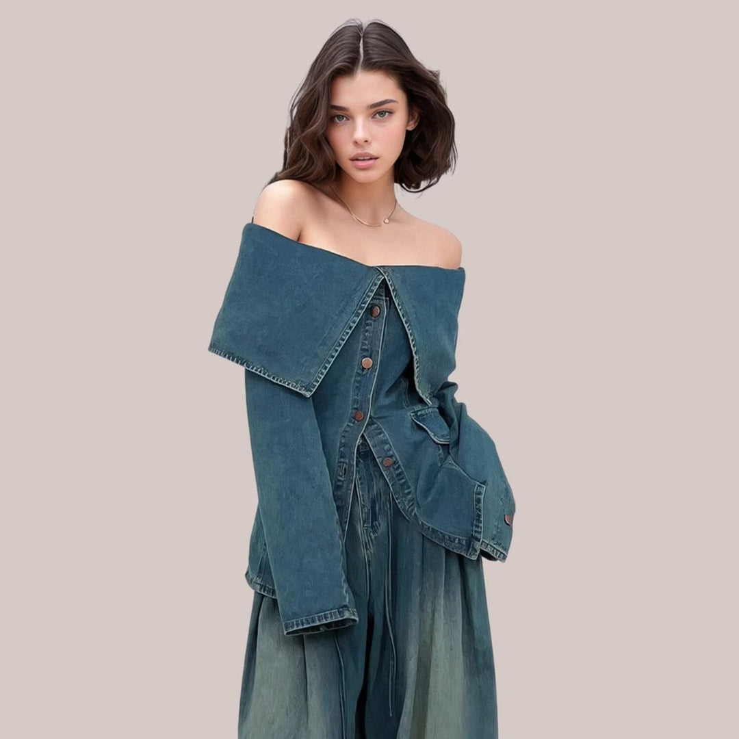 Women's Off-Shoulder Tiered-Sleeve Cotton Denim Jacket