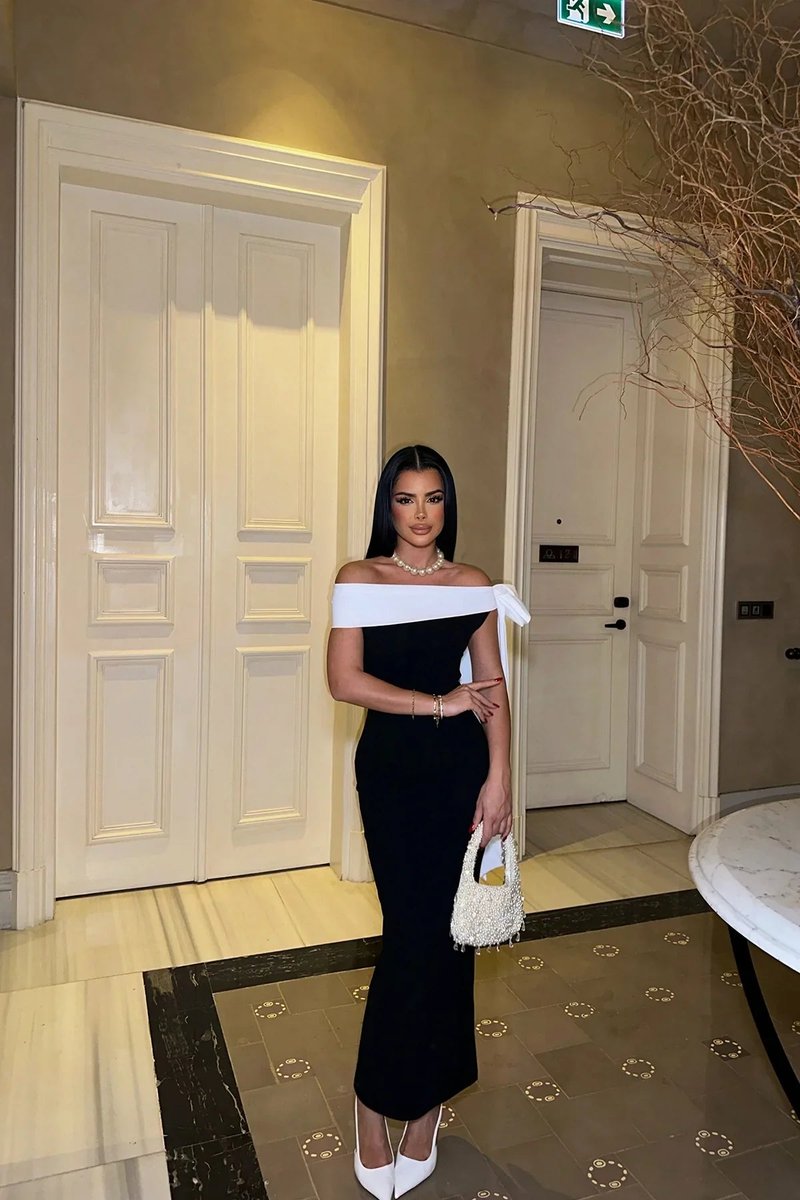 Women's Off-Shoulder Two-Tone Fall Midi Dress Bow Detail