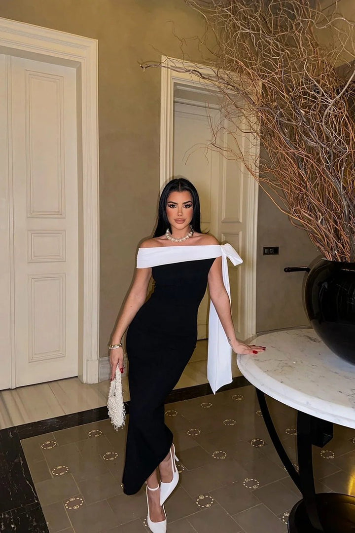 Women's Off-Shoulder Two-Tone Fall Midi Dress Bow Detail