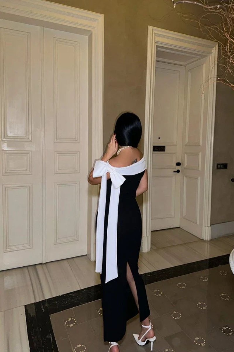 Women's Off-Shoulder Two-Tone Fall Midi Dress Bow Detail