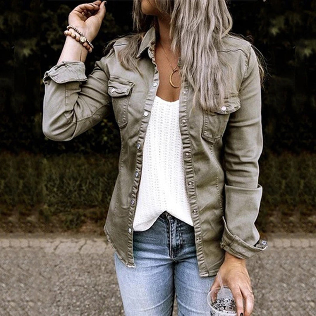 Women's Olive Green Button-Up Slim-Fit Denim Jacket