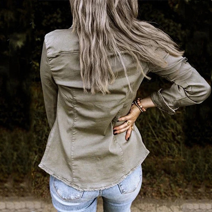 Women's Olive Green Button-Up Slim-Fit Denim Jacket