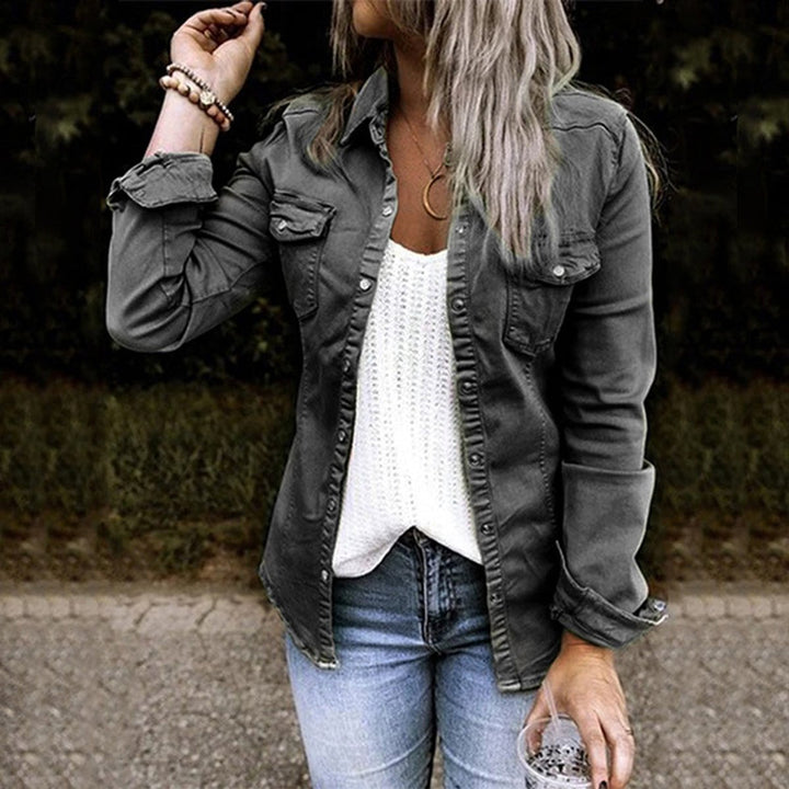 Women's Olive Green Button-Up Slim-Fit Denim Jacket