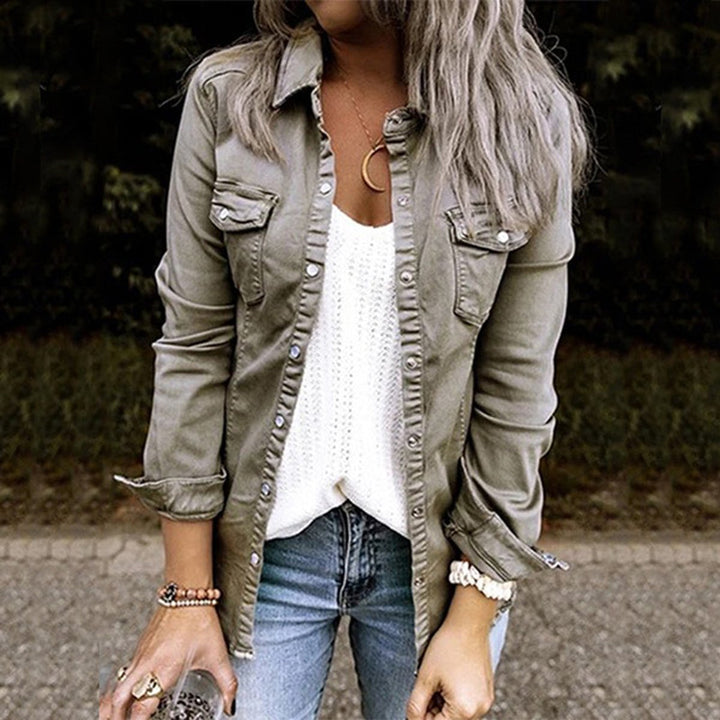 Women's Olive Green Button-Up Slim-Fit Denim Jacket
