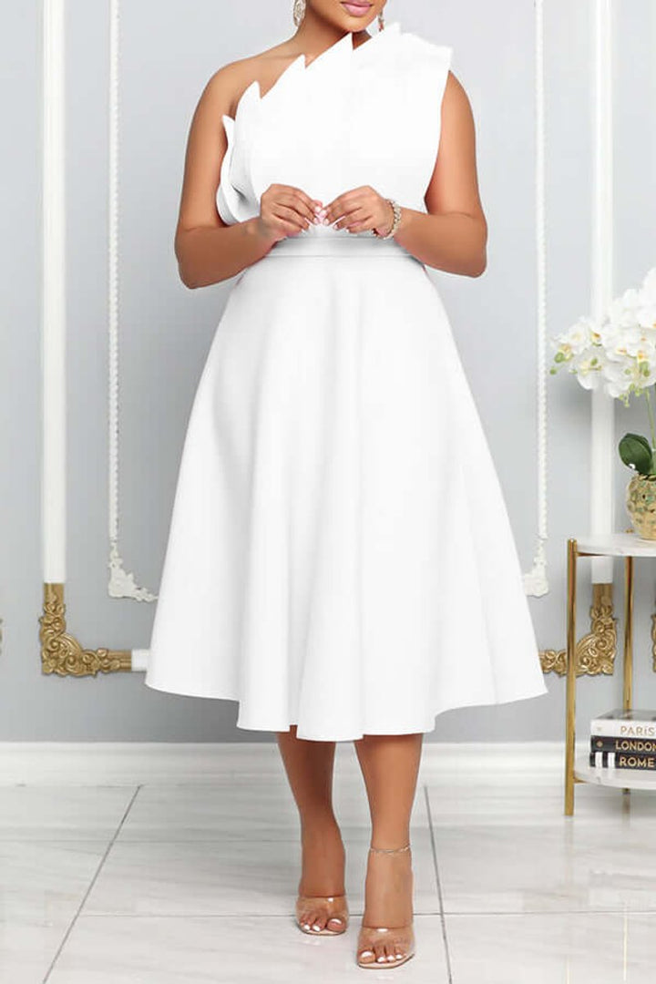 Women's One-Shoulder A-Line Fall Midi Dress Sculpted Ruffle