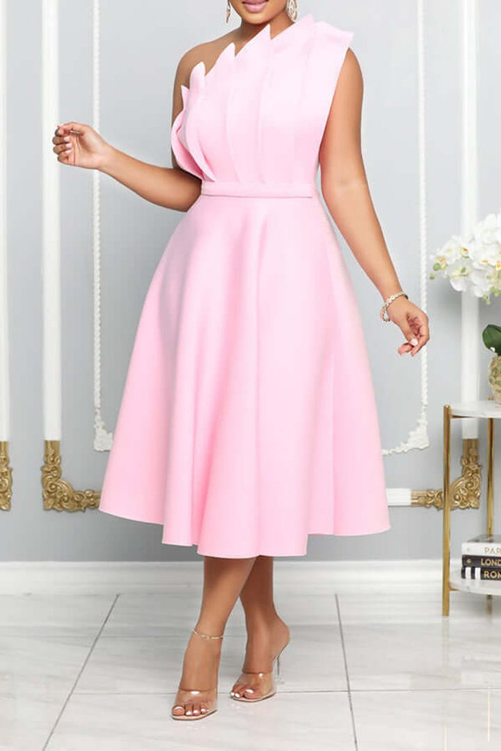 Women's One-Shoulder A-Line Fall Midi Dress Sculpted Ruffle