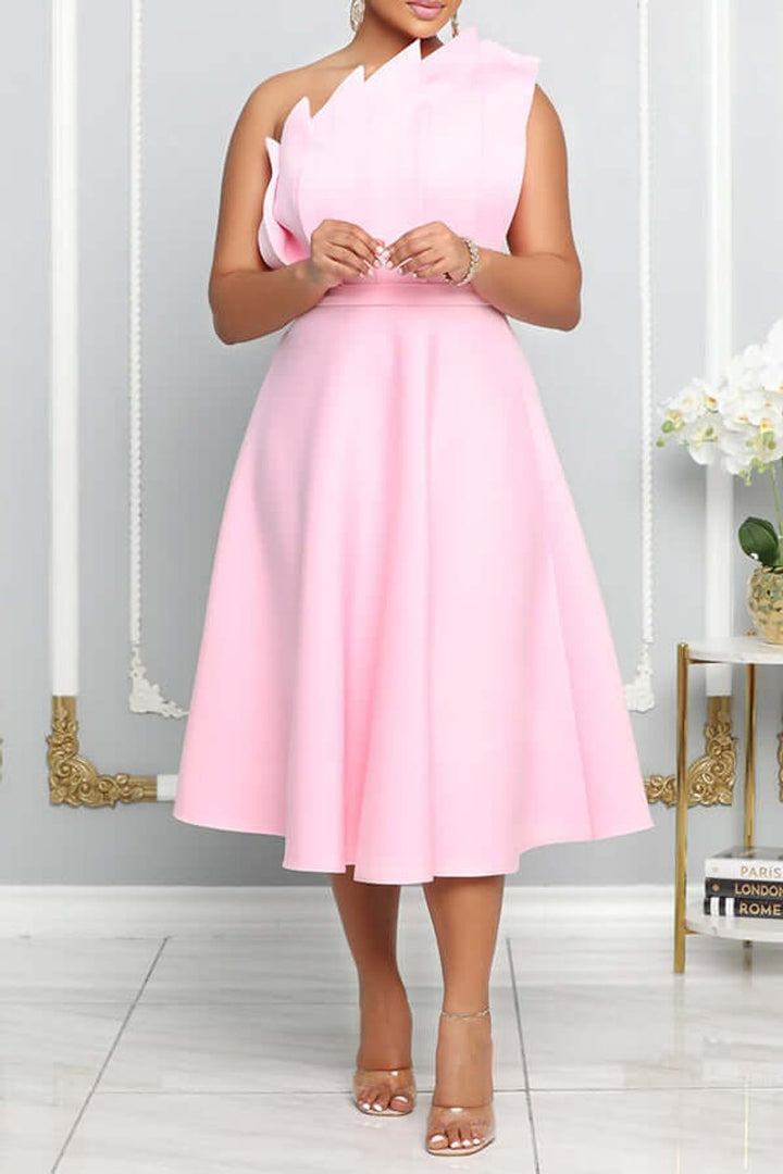 Women's One-Shoulder A-Line Fall Midi Dress Sculpted Ruffle