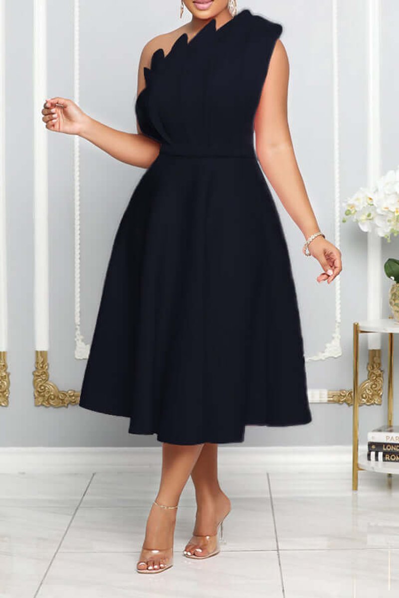 Women's One-Shoulder A-Line Fall Midi Dress Sculpted Ruffle