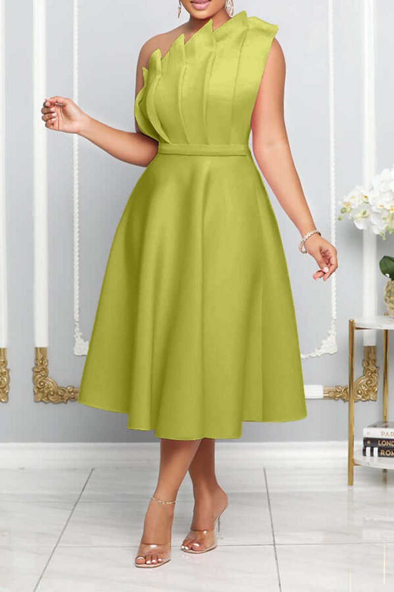 Women's One-Shoulder A-Line Fall Midi Dress Sculpted Ruffle