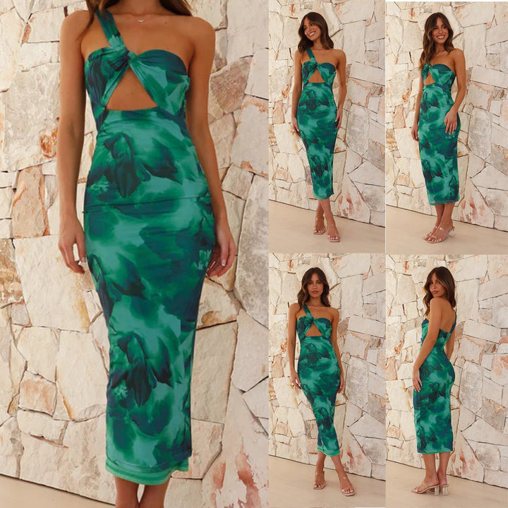 Women's One-Shoulder Cutout Bodycon Fall Midi Dress