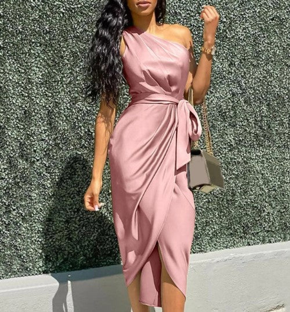 Women's One-Shoulder Draped Fall Midi Dress Asymmetric Tie-Waist