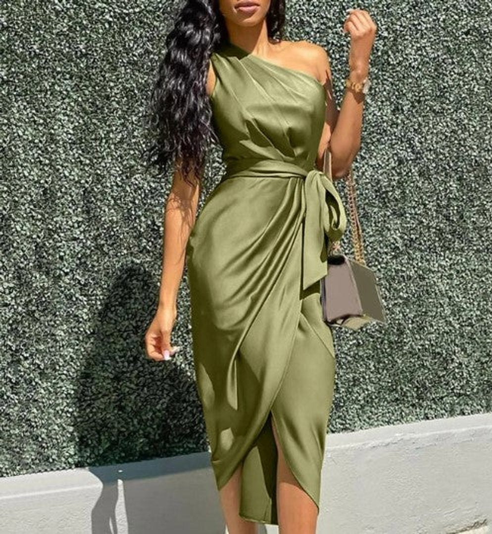Women's One-Shoulder Draped Fall Midi Dress Asymmetric Tie-Waist