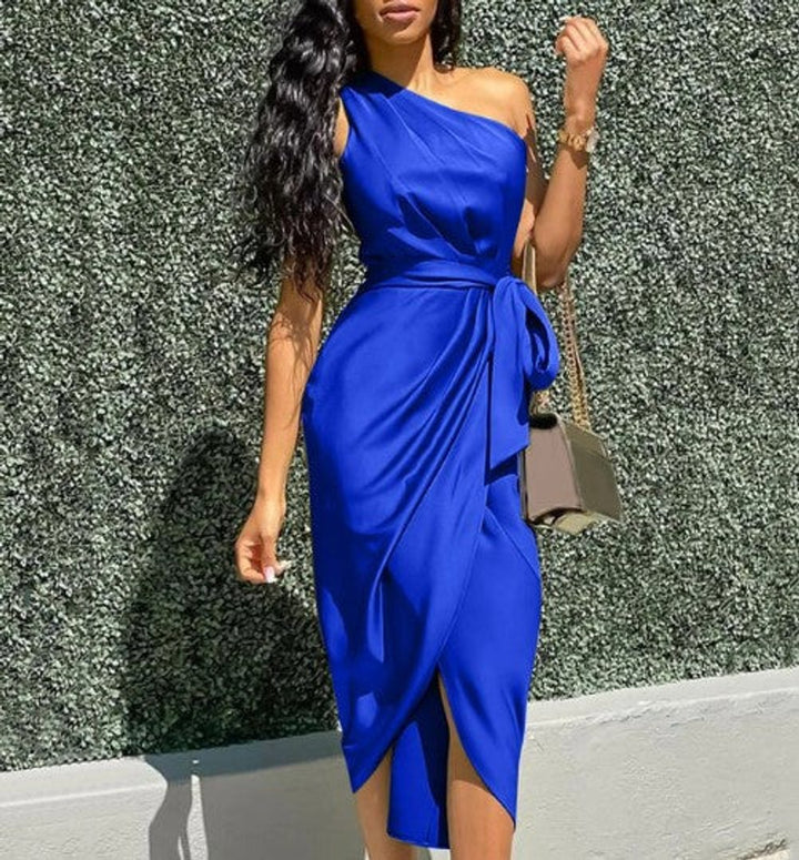 Women's One-Shoulder Draped Fall Midi Dress Asymmetric Tie-Waist