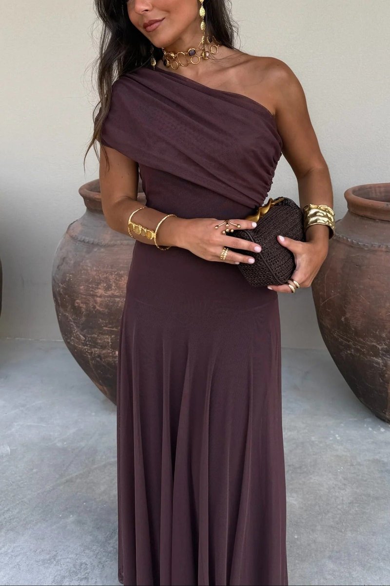 Women's One-Shoulder Draped Maxi Fall Wedding Guest Dress
