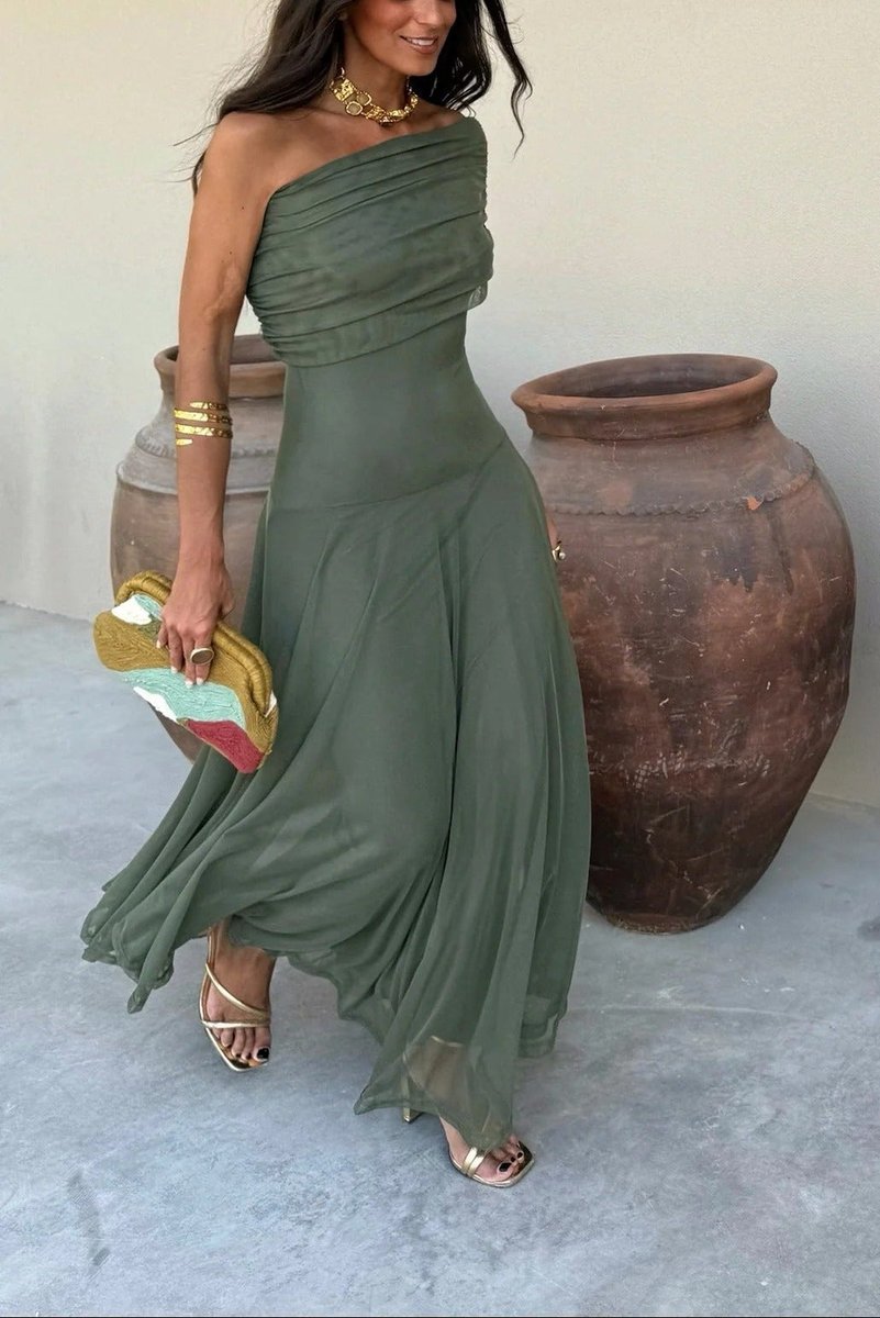 Women's One-Shoulder Draped Maxi Fall Wedding Guest Dress