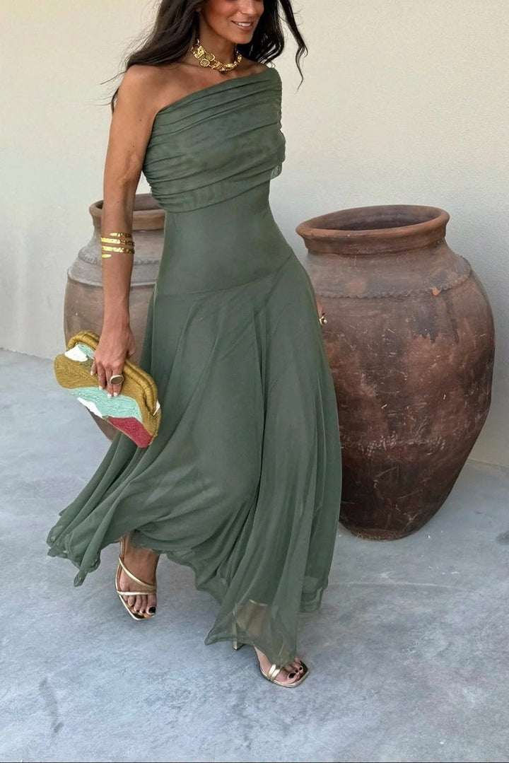 Women's One-Shoulder Draped Maxi Fall Wedding Guest Dress