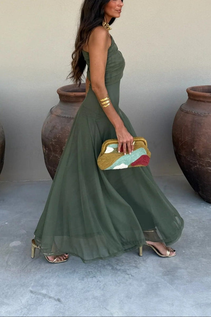 Women's One-Shoulder Draped Maxi Fall Wedding Guest Dress