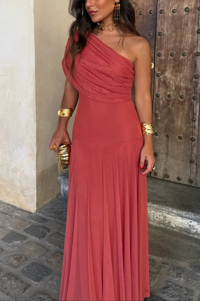 Women's One-Shoulder Draped Maxi Fall Wedding Guest Dress