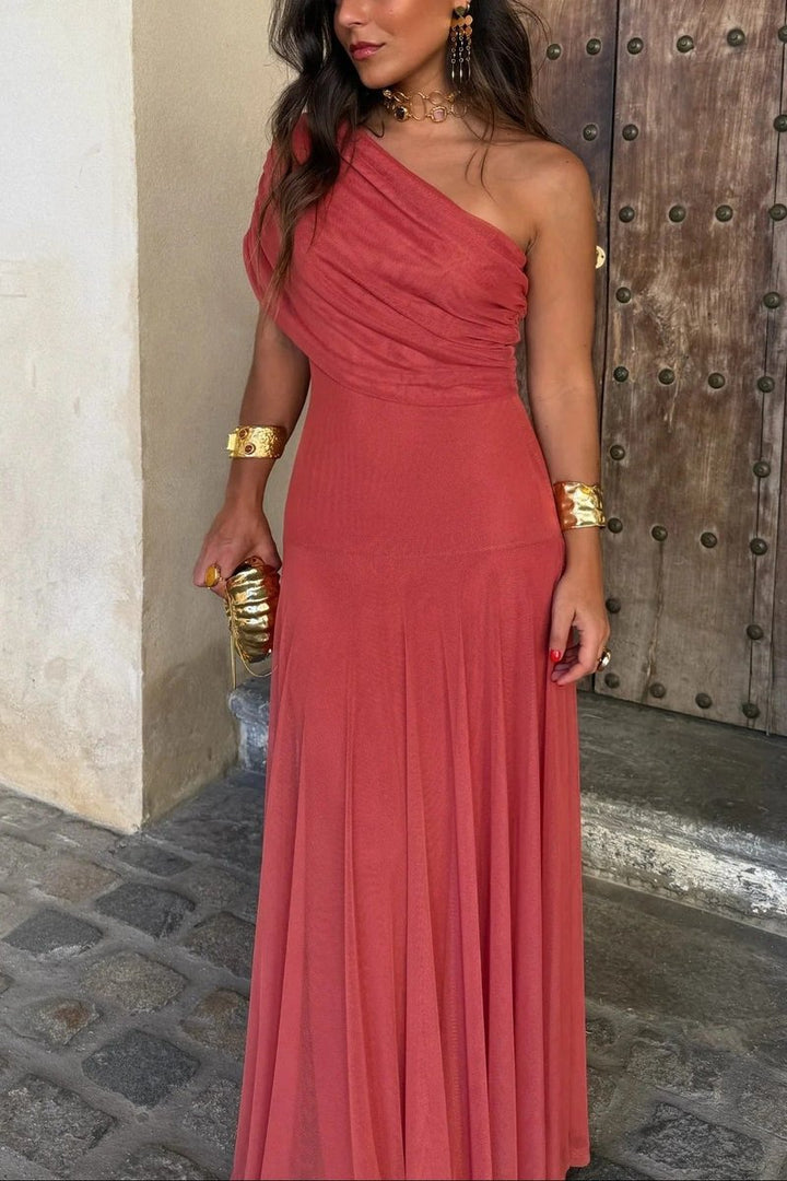 Women's One-Shoulder Draped Maxi Fall Wedding Guest Dress