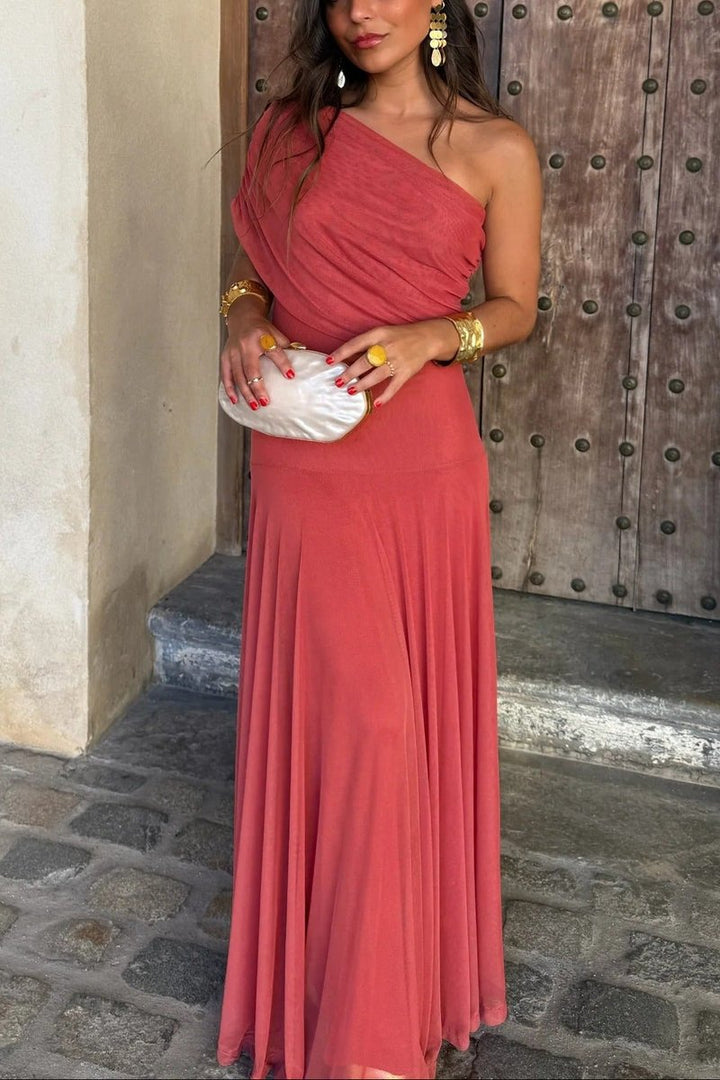 Women's One-Shoulder Draped Maxi Fall Wedding Guest Dress